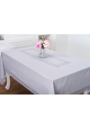 Finezza Jena Lüx Dantelli Simli Keten Kumaş Gri Masa Örtüsü  160x220 cm -1470