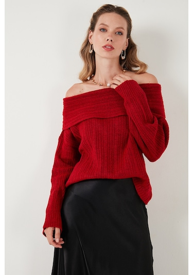 Lela Oversize Fit Madonna Yaka Triko Bayan Kazak 4615216 Kırmızı