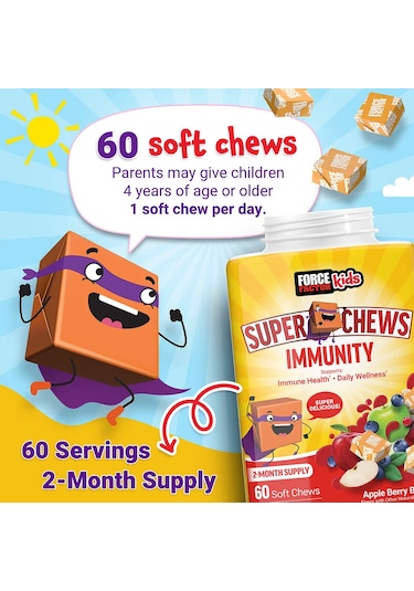 Force Factor Kids Super Chews Immunity Immune Health Apple Berry Burst 60 Soft Chews