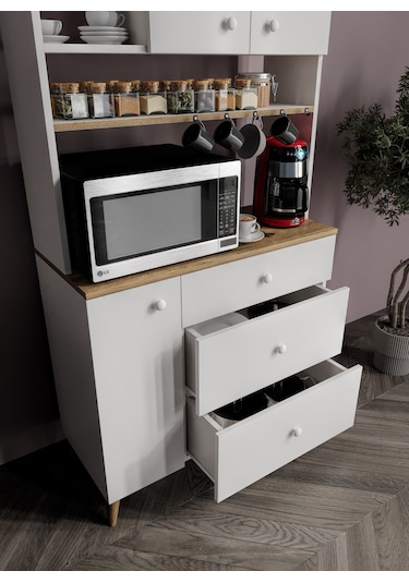 Stella Kahve Köşesi Dolabı Beyaz-meşe 90cm, Erzak Dolabı, Kiler Dolabı