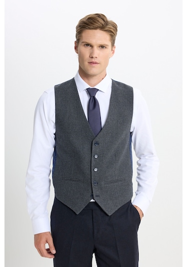 Ac&Co / Altınyıldız Classics Erkek Antrasıt Slim Fit Dar Kesim Mono Yaka Kaz Ayağı Desenli Kapak Cepli Yelekli Takım Elbise Antrasıt Antrasit