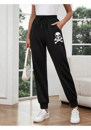 Lune Halloween Skull Print Drawstring Waist 4 Mevsim Eşofman Siyah