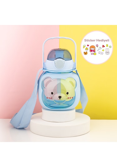 Porsima 21.0008 Ayıcık Figürlü Matara Pipetli Askılı Suluk Mavi