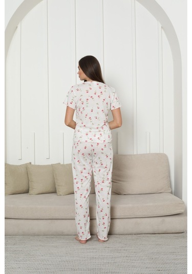 Kadın Örgü Kumaş Blue Flower Pattern Kısa Kol Pijama Takımı Kırmızı