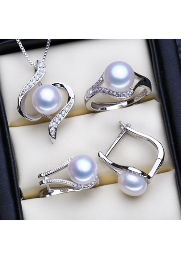 Beyaz Lsooyh Doğal Tatlı Su Inci Kolye Çiçek Kolye Moda Saplama Küpe Yüzükler Kadınlar Için Inci Takı Setleri Beyaz