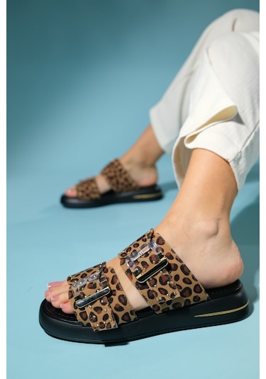 Luvishoes Zley Siyah Sarı Desenli Şeffaf Tokalı Kadın Terlik Siyah - Sarı