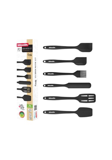 Silikon Mutfak Seti 6 Lı, Isıya Dayanıklı Yanmaz Yapışmaz Silikon Spatula Seti 6 Parça Siyah Siyah