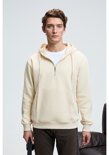 JUSTUS Erkek Kapüşonlu Kanguru Cepli Fermuar Yakalı Krem Sweatshirt