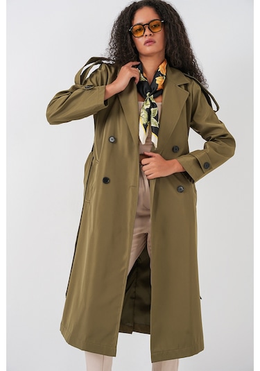 5941 Kruvaze Yaka Uzun Trençkot - Haki haki