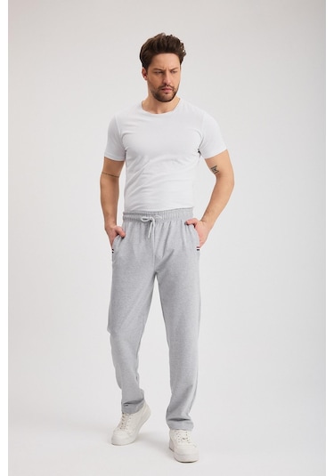 Gri Erkek Fermuarlı Cepli Nakış Detaylı Düz Paça Rahat Kesim Günlük Eşofman Altı Gri