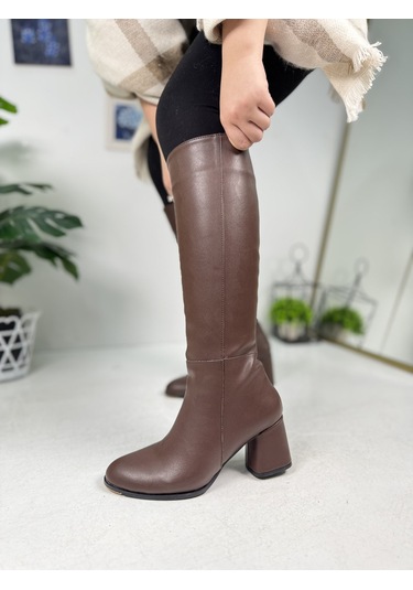 Günlük Kadın Yüksek Kalın Topuklu Fermuarlı Diz Altı Rahat Çizme 3001 Acı Kahve