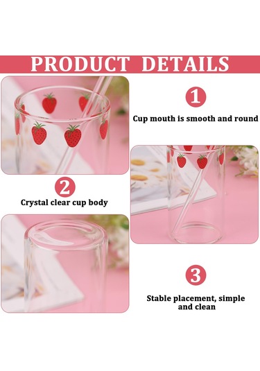 300ml Pipetli Cam Süt Şişesi, Sevimli Yeniden Kullanılabilir Çilek Meyve Bardakları Şeffaf Gl