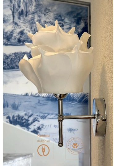 Beyaz Eva Gül Tasarım Kablolu Aplik - Alt Gümüş Tüm Boy 35 Cm 320-6 Beyaz