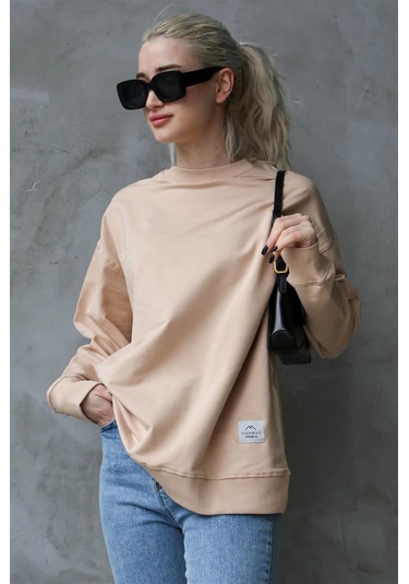 Madmext Bej Basic Oversize Kadın Sweatshirt Mg1686 Bej