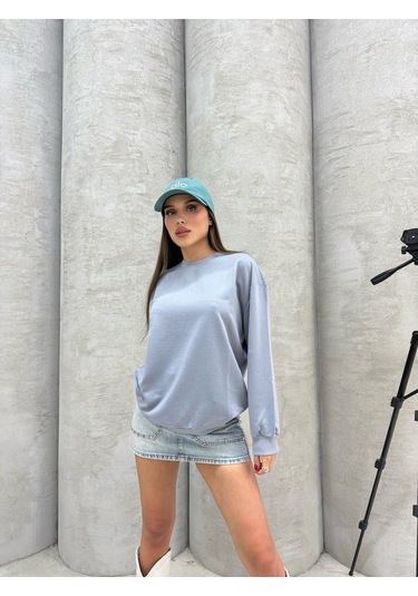 Düz Renk Kadın Sweatshirt Mavi
