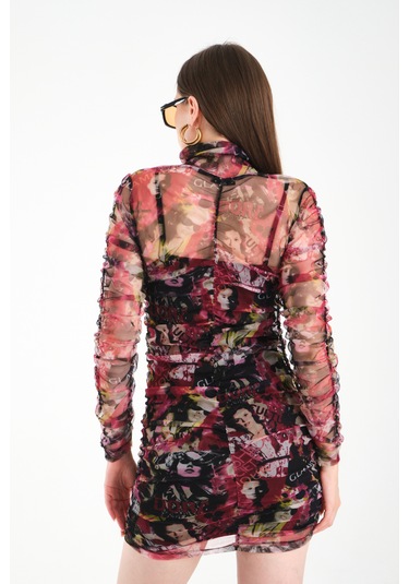 Büzgülü Tül Elbise Pembe