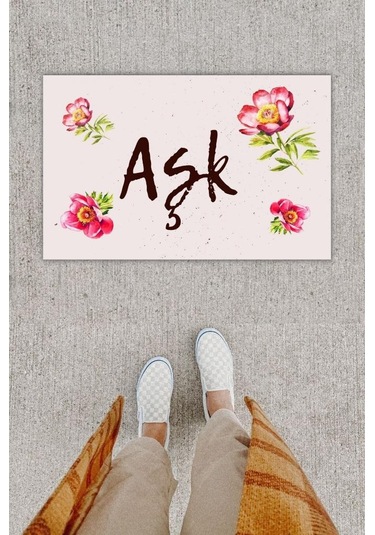 Dijital Baskı Dekoratif Çiçek Krem Kapı Önü Paspası K-1206