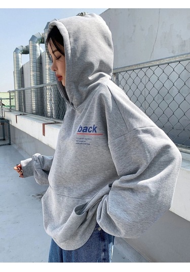 Back Sweatshirt - Gri Baskılı Oversize Kapüşonlu Gri