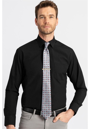 Tudors Klasik Fit Rahat Kesim Cotton Efekt Poplin Erkek Gömlek-22863 Siyah