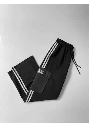 İki İplik Kumaş Kargo Cepli Şeritli Alt Esofman - Siyah Siyah