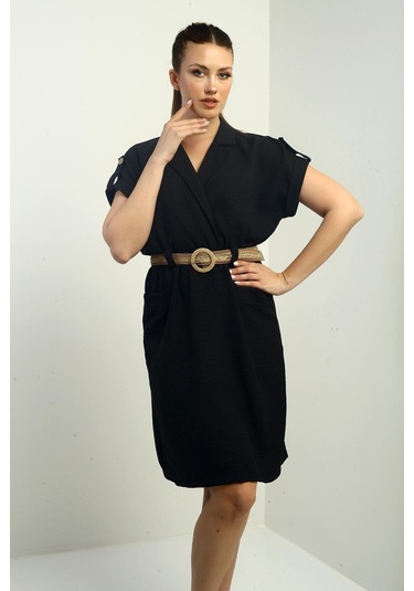 Kadın Torba Cepli Beli Kemerli Elbise-40433 Siyah