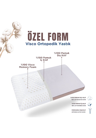 Pamuk Kılıflı Medium Visco Ortopedik Yastık, Kahverengi, 60x40x13