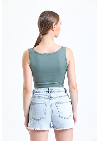 Yeşil Fitilli Kare Yaka Esnek Örme Crop Büstiyer Atlet Haki