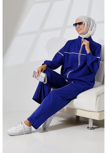 Kadın Saks Mavisi Mevsimlik Penye Alt Üst Spor Ve Rahat Tesettür Takım Saks Mavisi