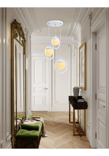 Halka 3 Lu Tepsi Glop Beyaz Renk Camlı Beyaz Avize. Salon, Mutfak Beyaz