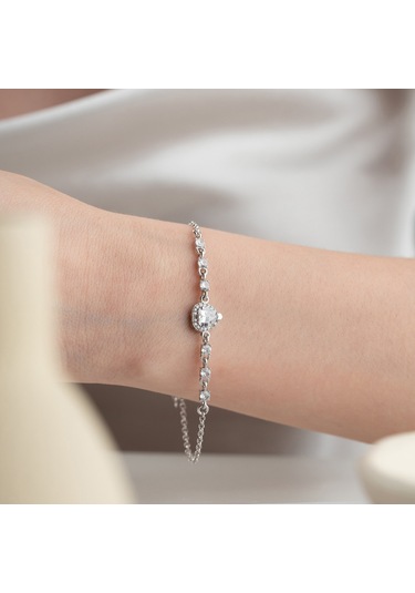 925 Ayar Gümüş Kalpli Sıra Taş Gümüş Bileklik Gümüş