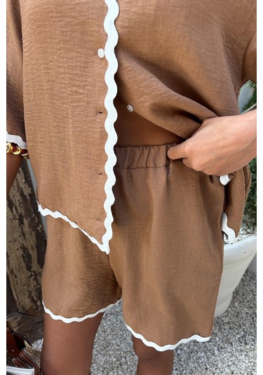 Kadın Camel Keten Biye Detaylı Kısa Şortlu Takım Camel