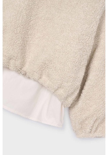 Kız Çocuk Etek Ucu Gömlek Görünümlü Pelüş Sweatshirt - Bej Gri