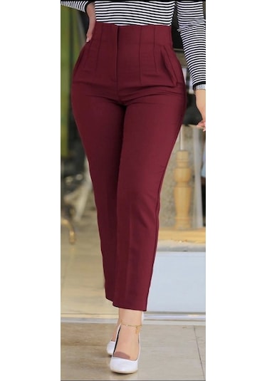 Modi Kadın Üste Oturan Paçası Bilek Üzerinde Biten Atlas Kumaş Pantolon 36 S - 48 4xl Bordo