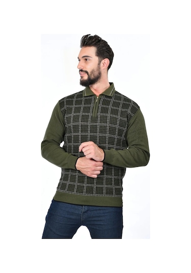 Kamalı Erkek Çelik Örgü Kazayağı Gömlek Yaka Fermuarlı Polo Yaka Tüylenmeyen Triko Kışlık Baba Kazak Haki