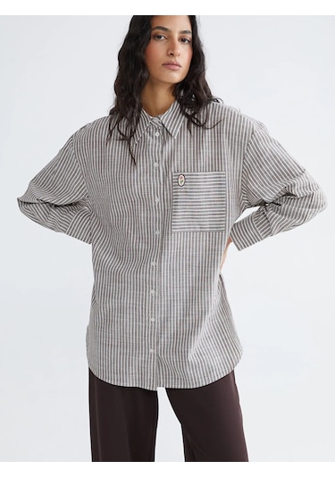 LC Waikiki Kahverengi Çizgili Oversize Poplin Kadın Gömlek Tunik