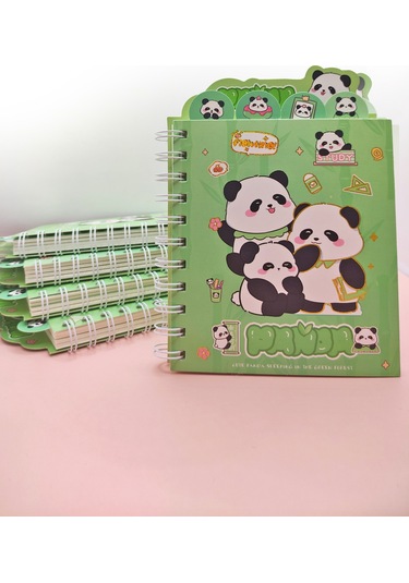 Sevimli Panda Ayraçlı A5 Not Defteri 14x18 Cm - Panda Ailesi Yeşil