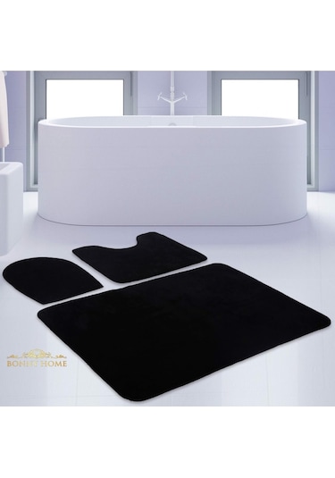 Bonny Home Unicolor Düz Siyah 3lü Banyo Paspası Halısı Seti Kaymaz Siyah