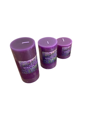 Silindir Mum 3'lü Kokulu Büyük Mum Dekoratif Mum Seti Mor