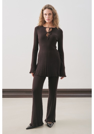 Volanlı Lastik Örgü Tunik Kahverengi Kahverengi