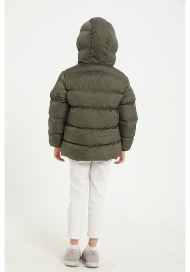 Kız Çocuk Haki İçi Polarlı Kapüşonlu Su Geçirmez Rüzgara Dayanıklı Cepli Şişme Kışlık Mont Haki