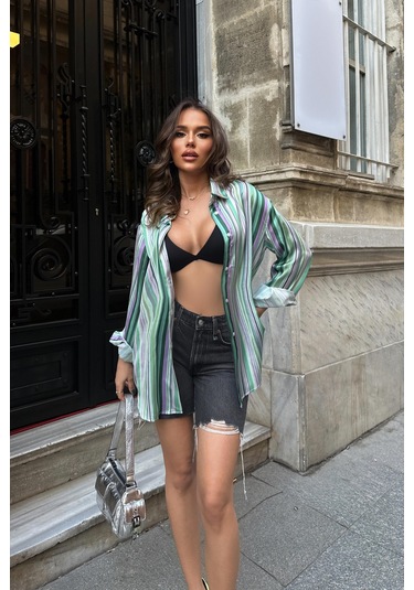 Kadın Yeşil Çizgili Dokuma Saten Kısa Gömlek Yeşil