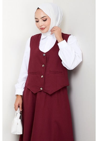 İkili Gabardin Yelek Etek Takım 1400 - Bordo Bordo