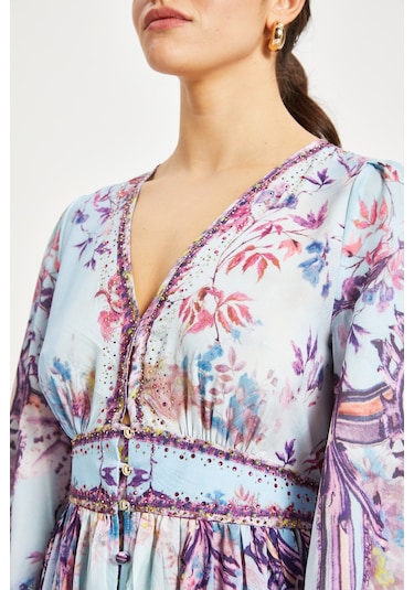 Kadın Desenli V Yaka Elbise Uzun Kollu, Kuşaklı, Astarlı Mavi