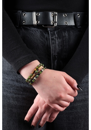 Ssilhoutte Doğaltaş Sertifikalı Yeşim Taşı Kaplangözü Ve Akik Kadın&erkek Set Doğal Taş Bileklik Yeşil