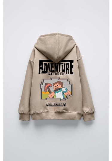 Erkek Çocuk Mınecraft Modelli Kol Manşetli Pamuk Kapşonlu Sweat Bej