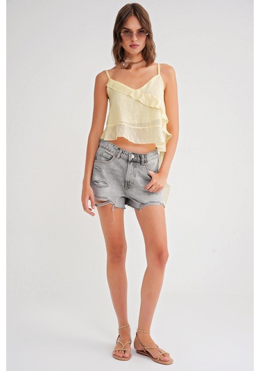 4736 Kadın Fırfırlı Askılı Bluz Sarı Sari