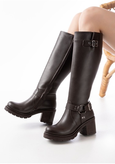 767-3005 Kahverengi Toka Aksesuarlı Fermuarlı Günlük Kalın Topuklu Kadın Bot Resimdeki Renk