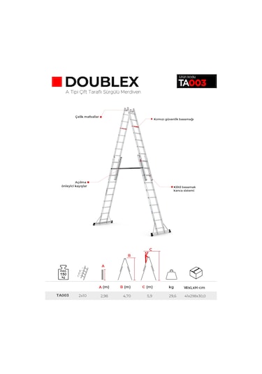 Çağsan TA003 2x10 Basamaklı Doublex A Tipi Çift Taraflı Sürgülü Merdiven