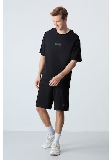 Tommy Life Siyah Pamuklu Kalın Yumuşak Dokulu Oversize Fit Basic Erkek Şort Takım - 85259