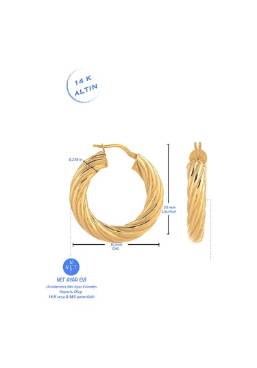 14 Ayar Altın Küpe Burgulu Bom Küpe 3 Cm Çapında